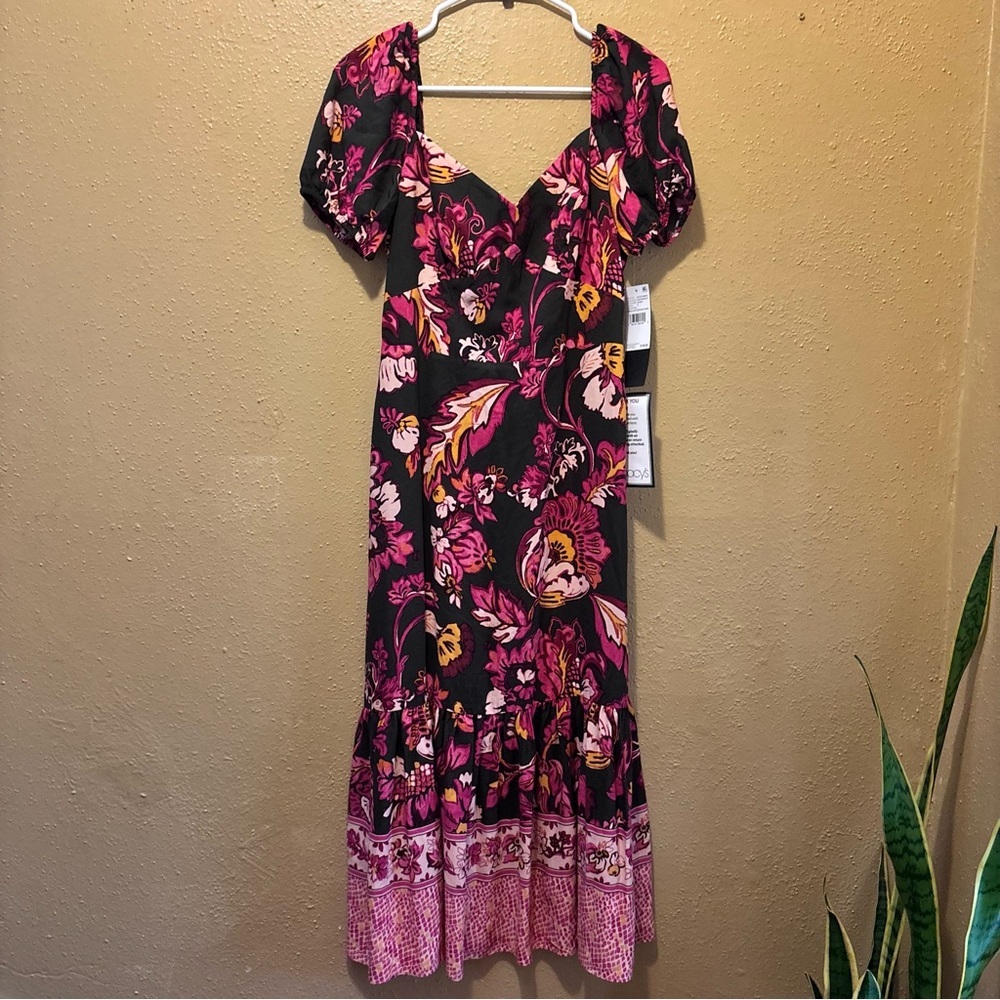 Adrianna Papell Floral Puff Sleeve Midi Dress Pink Black Sweetheart Neck NWT 6 - Picture 4 of 11
